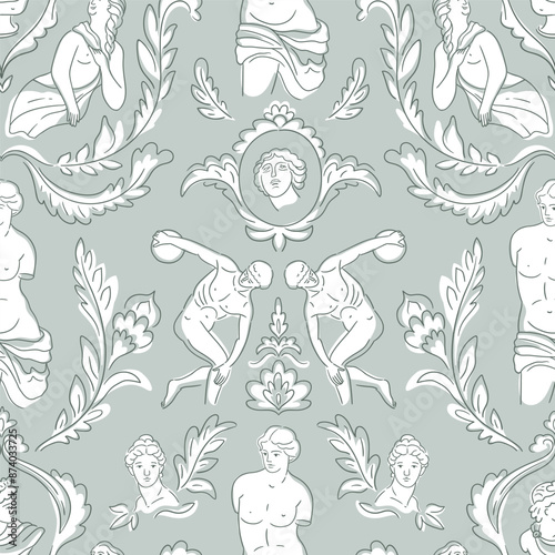 Seamless pattern with ancient greek statue, bust on light mint background. Greece culture antique vector repeat pattern design. Historical flat cartoon wallpaper