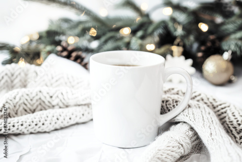 Wallpaper Mural White Mug on Knit Blanket With Christmas Lights Torontodigital.ca