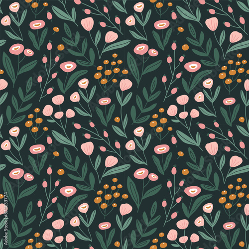 Stylized flowers seamless pattern. Decorative floral seamless texture in hand-drawn style. Summer natural illustration for fabric print design. 