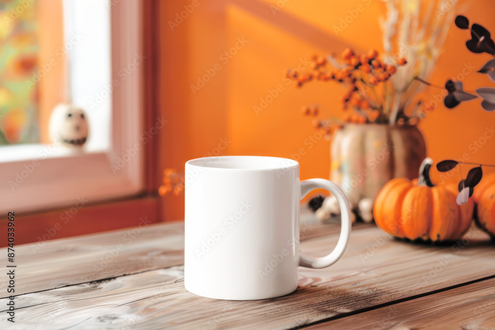 White Mug Mockup on Wooden Table With Fall Decorations White Mug Mockup on Wooden Table With Fall Decorations