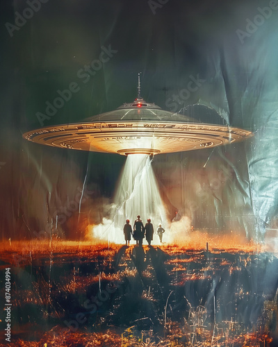 A poster of an alien spaceship with the words 