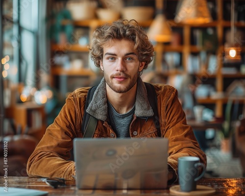 Modern Home Office Workspace: Young Professional Working on Laptop with Coffee Cup in Stylish Interior Setting - Remote Work and Productivity Concept