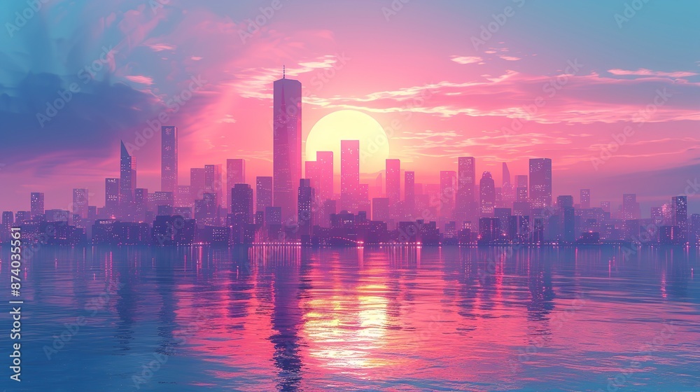 Fototapeta premium Illustrate a futuristic city skyline with sleek, cubic buildings and a gradient sunset, appealing to tech and urban themes. Illustration, Image, , Minimalism,