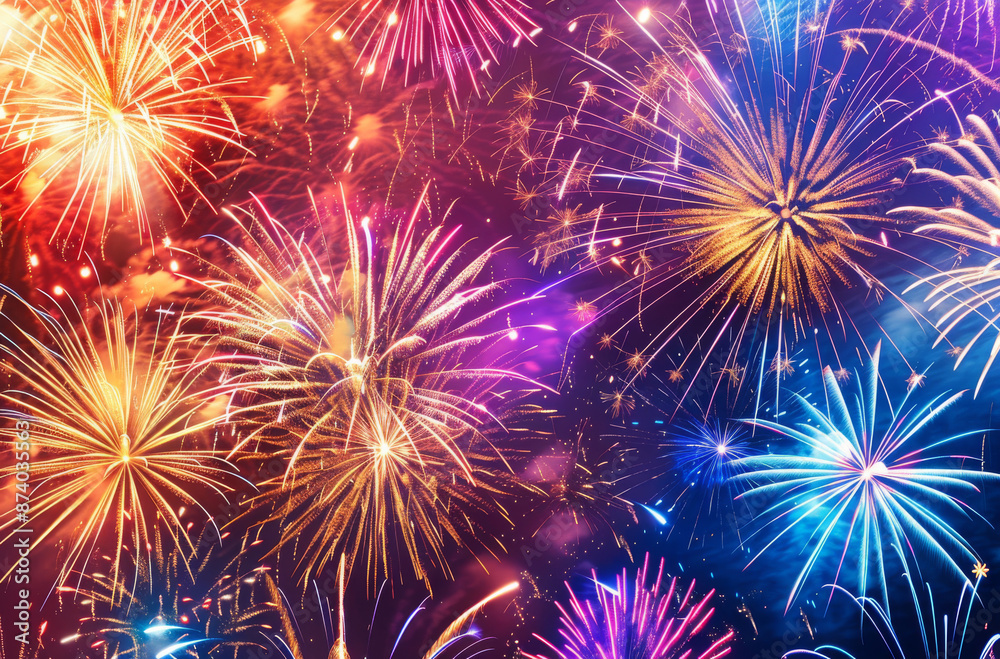 Naklejka premium A vibrant display of colorful fireworks lighting up the night sky, creating an enchanting and festive atmosphere for New Year's celebrations.