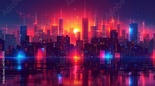 Illustrate a futuristic cityscape with abstract shapes and neon lights, emphasizing innovation and technology in urban environments. Illustration, Image, , Minimalism, © DARIKA