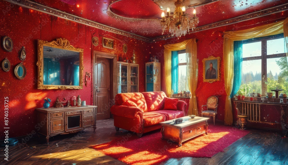 Red Room with Gold Accents and Sparkling Ceiling. Red Room with Gold Accents and Sparkling Ceiling.