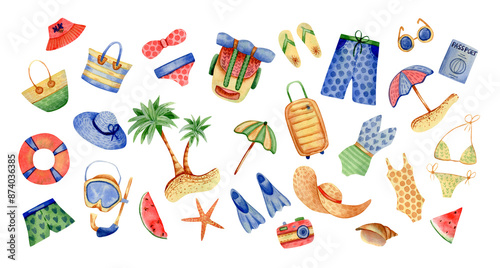 Summer vacation elements collection. Watercolor illustration of palms, shorts, swimming suits, hats, beach bags, swimming mask, suitcase, camping backpack