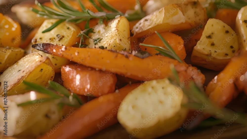 A platter of roasted root vegetables including foraged tur pars and carrots seasoned with fragrant sprigs of rosemary and thyme. A platter of roasted root vegetables including foraged tur pars and carrots seasoned with fragrant sprigs of rosemary and thyme.