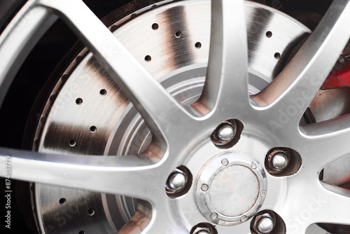 Detailed view of a shiny car brake disc