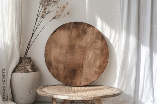 Round Wooden Sign On Table With White Curtains