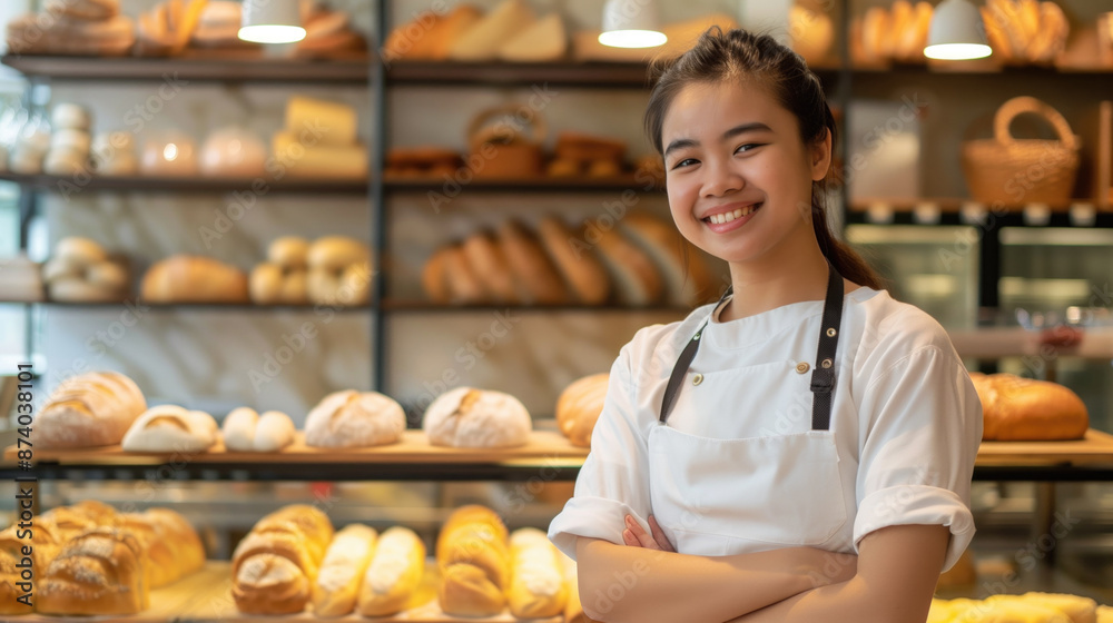 Smiling baker standing in front of a bread display in a cozy bakery with various fresh bread loaves. Small business, bakery shop, artisanal baking, local bakery, fresh bread concept. Smiling baker standing in front of a bread display in a cozy bakery with various fresh bread loaves. Small business, bakery shop, artisanal baking, local bakery, fresh bread concept.