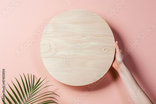 Hand Holding Wooden Circle Against Pink Background