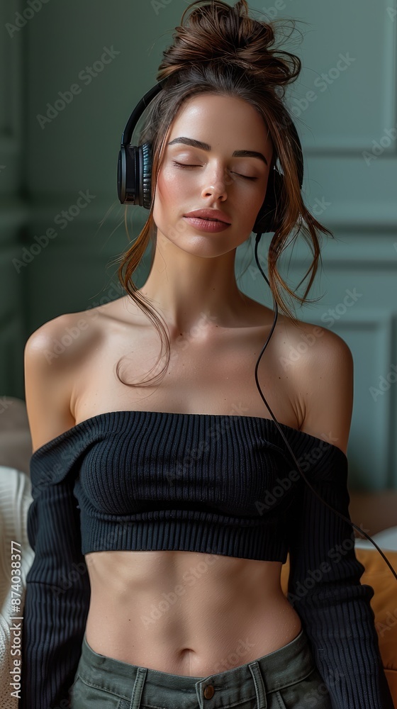 a girl with long hair wearing headphones and a green dress with a braid. a girl with long hair wearing headphones and a green dress with a braid.