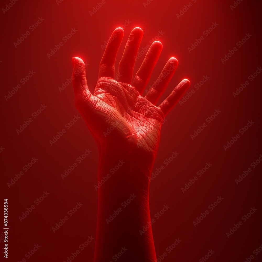 Obraz premium red hand on red background with soft lighting 