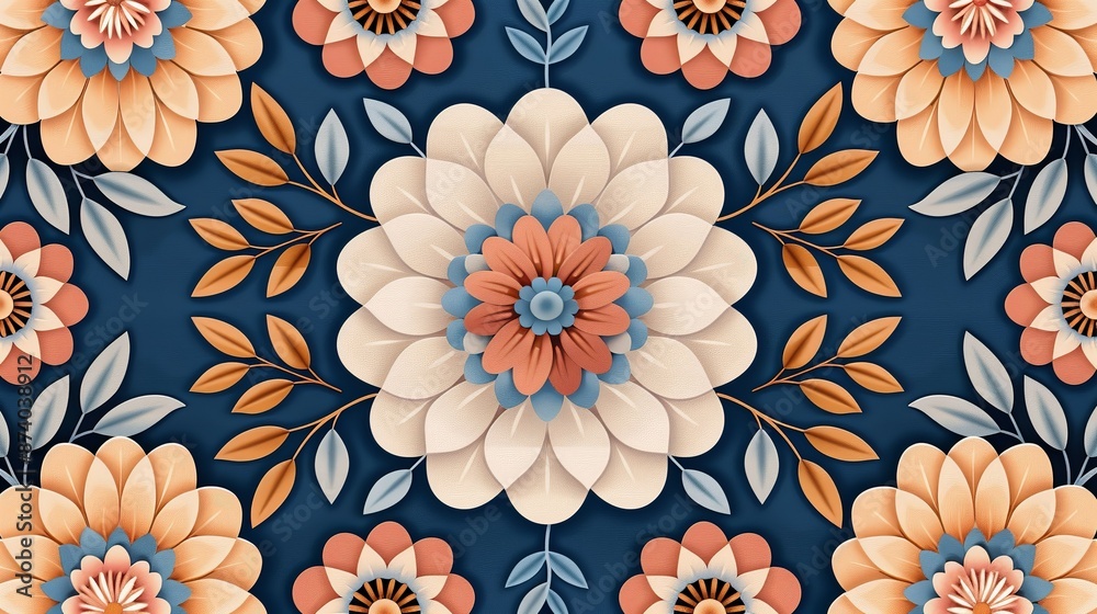 Produce a symmetrical floral pattern with intricate details and a soothing color palette, ideal for nature-inspired projects. Illustration, Image, , Minimalism, Produce a symmetrical floral pattern with intricate details and a soothing color palette, ideal for nature-inspired projects. Illustration, Image, , Minimalism,