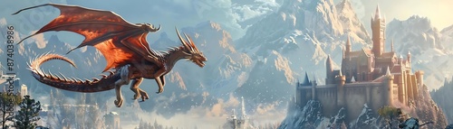 Red Dragon Soaring Over Majestic Mountain Castle
