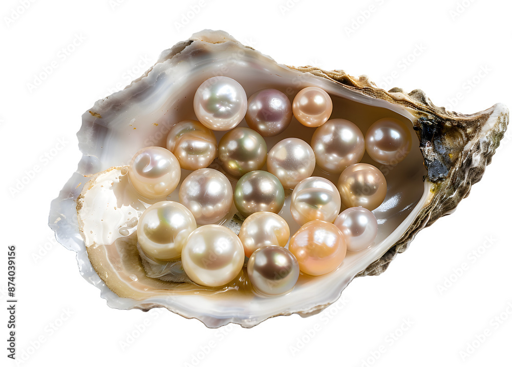 A oyster shell full of pearls, all the spheres have different sizes and colors isolated on transparent background. A oyster shell full of pearls, all the spheres have different sizes and colors isolated on transparent background.