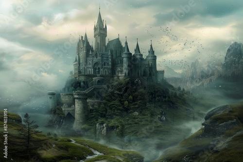 Fantasy illustration of a majestic castle amidst a foggy, mountainous landscape with flying birds