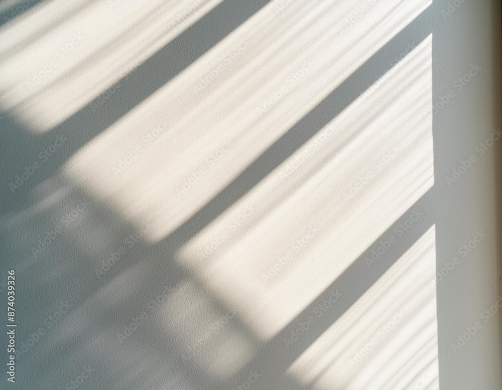 Fototapeta premium Abstract shadow and striped diagonal light blur background on white wall from window, architecture dark gray and sunshine diagonal geometric effect overlay for backdrop and mockup design