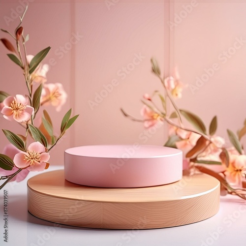 Cosmetic podium for product presentation with plants aside
