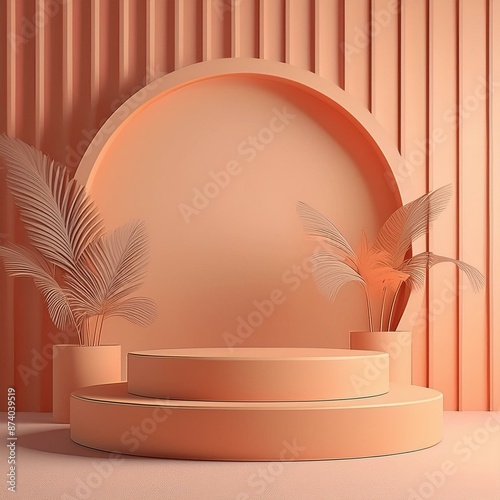 Cosmetic peach colored podium for product presentation with plants aside