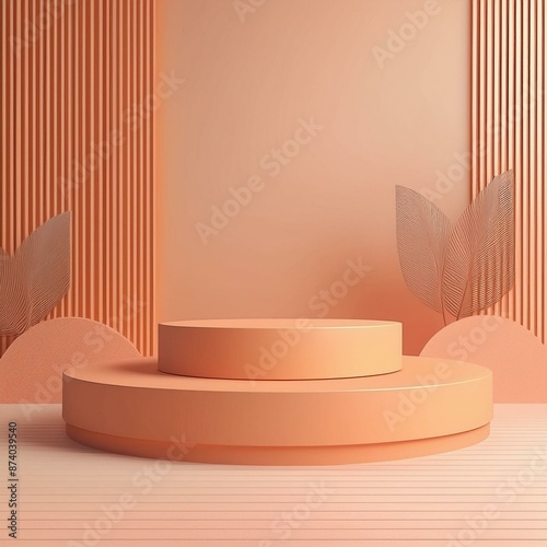 Cosmetic peach colored podium for product presentation with plants aside