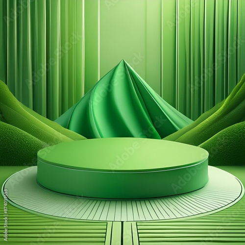 Cosmetic green podium for product presentation with curtains on background