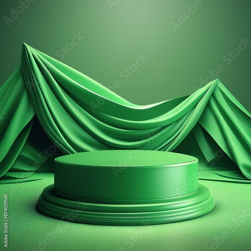 Cosmetic green podium for product presentation with curtains on background