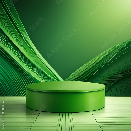 Cosmetic green podium for product presentation with curtains on background