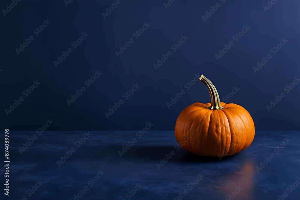 Orange small pumpkin on dark blue textured surface against empty indigo wall. Minimalist composition with ample copy space. Ideal for autumn-themed concepts Orange small pumpkin on dark blue textured surface against empty indigo wall. Minimalist composition with ample copy space. Ideal for autumn-themed concepts