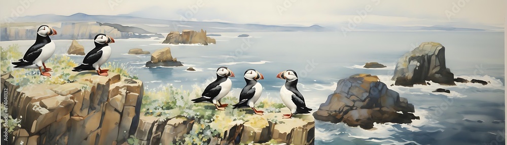 Obraz premium Puffins on a Rocky Coast