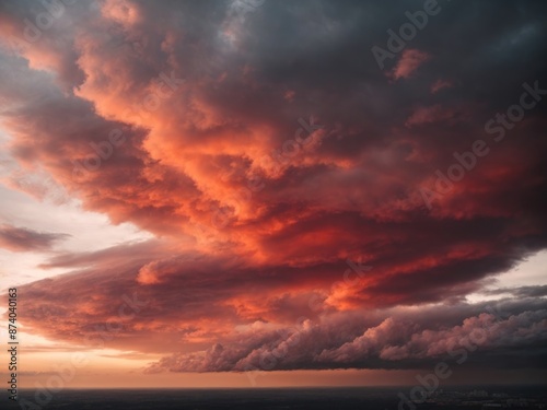 Dramatic sky at sunset dangerous heavy gray red color clouds