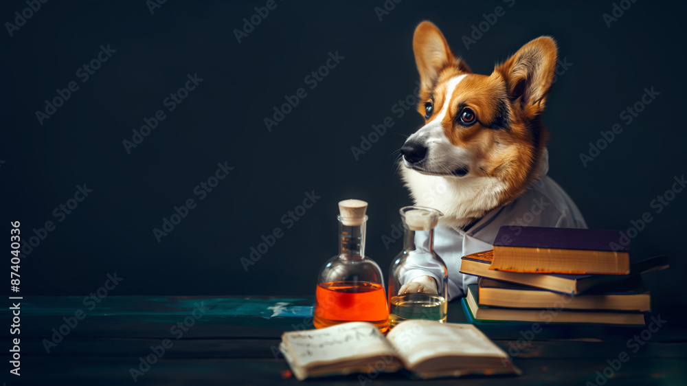corgi dog dressed as a scientist making a discovery old books red ...