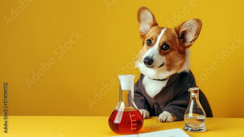 corgi dog dressed as a scientist making a discovery yellow background red liquid
