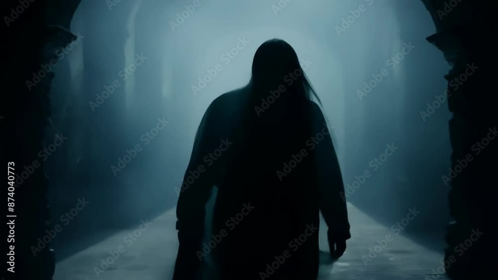 Mysterious figure walking in a foggy alley at night Mysterious figure walking in a foggy alley at night
