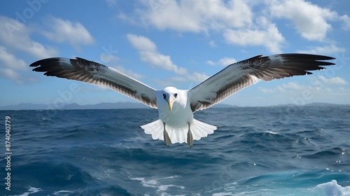 Seagull in Flight Over Blue Ocean