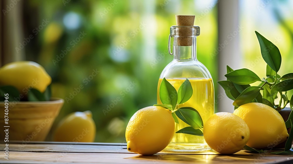 Lemon essential oil in a bottle on a wooden background. selective focus. Generative AI, Lemon essential oil in a bottle on a wooden background. selective focus. Generative AI,