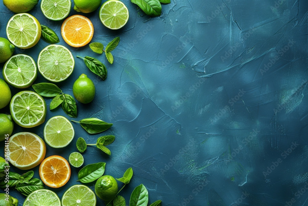 Fresh citrus fruits, lemons, limes, oranges, with green leaves on blue table. Lemon and lime wedges, slices, oranges cut into slices, halves. Colorful composition on blue background. Copy space Fresh citrus fruits, lemons, limes, oranges, with green leaves on blue table. Lemon and lime wedges, slices, oranges cut into slices, halves. Colorful composition on blue background. Copy space