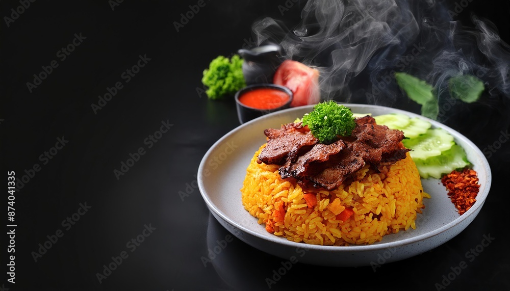 Delicious Fried Rice with Meat and Steaming Smoke Delicious Fried Rice with Meat and Steaming Smoke