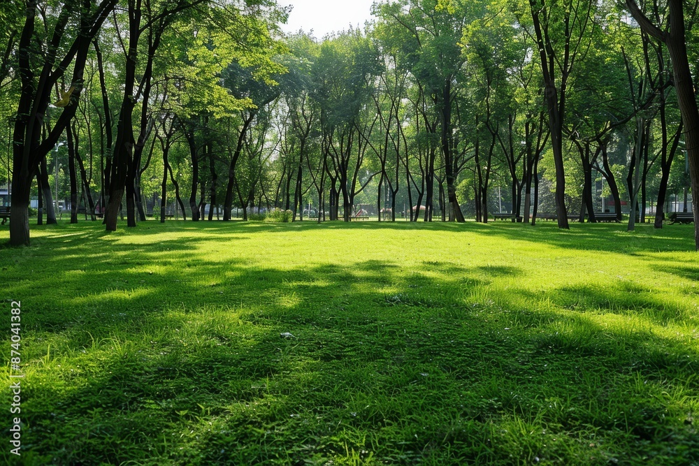 custom made wallpaper toronto digitalExpansive green lawn with tall trees under clear sky, creating a serene and open park setting