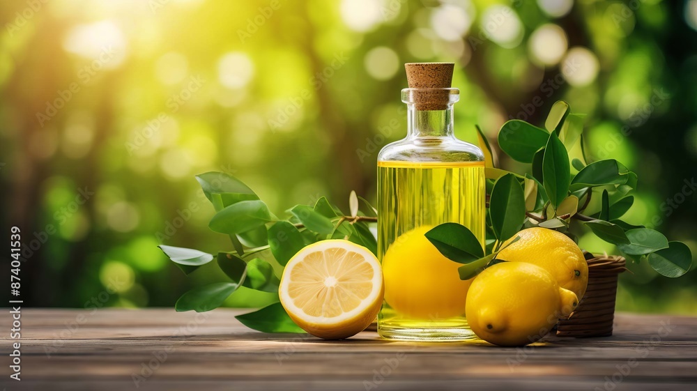 Lemon essential oil in a bottle on a wooden background. selective focus. Generative AI, Lemon essential oil in a bottle on a wooden background. selective focus. Generative AI,