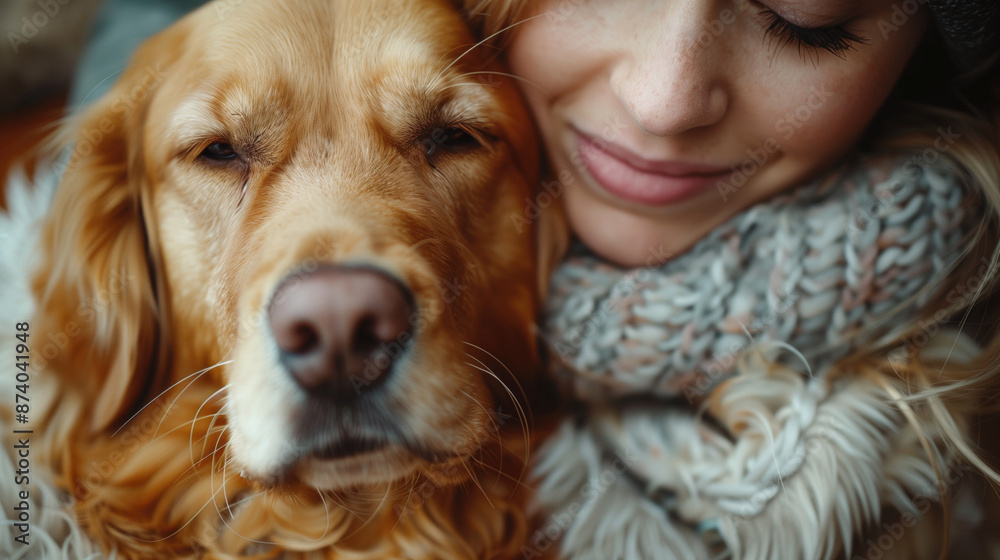 Closeup of a content woman snuggling with her golden retriever, both enjoying a cozy moment indoors. Pet companionship, emotional bond, relaxation, happiness, love for animals concept. Closeup of a content woman snuggling with her golden retriever, both enjoying a cozy moment indoors. Pet companionship, emotional bond, relaxation, happiness, love for animals concept.