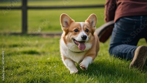 person with dog,A cute corgi in a grassy field with a blurred person in the background.