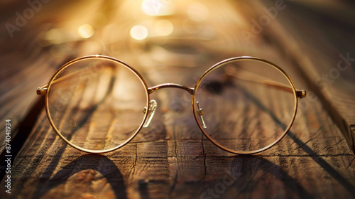 Glasses: A stylish pair of eyeglasses positioned centrally to emphasize their design and function. 