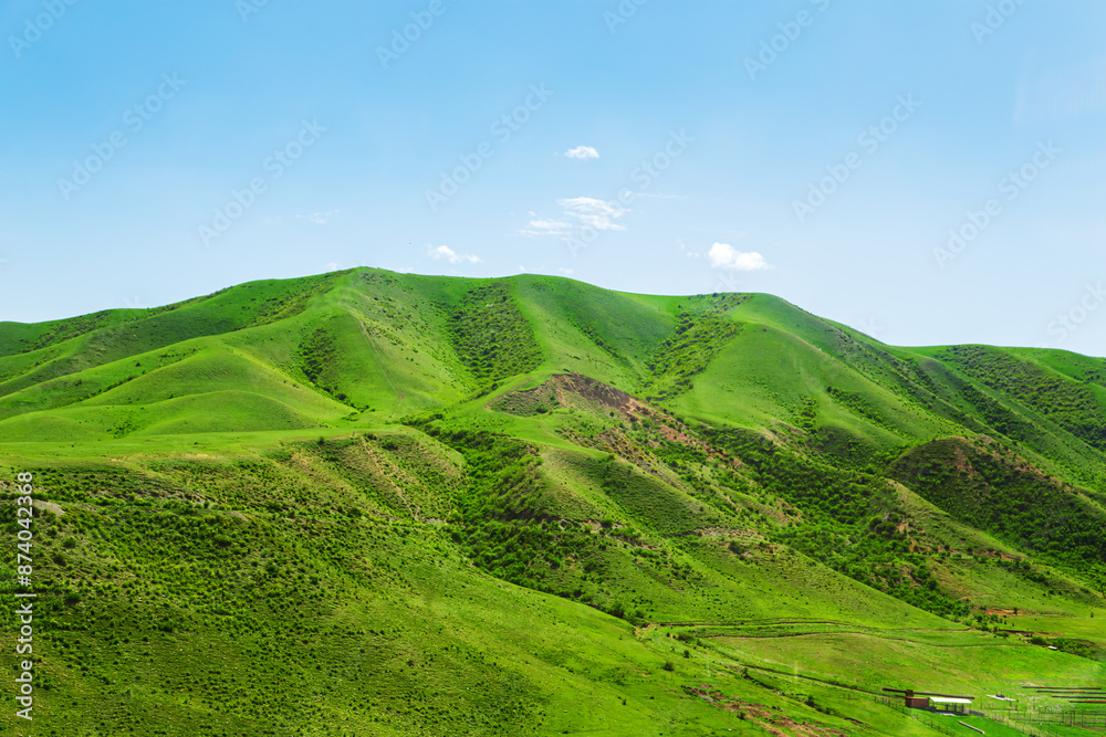 View of the Ile Alatau mountains in the national natural park on a bright sunny day. View of the Ile Alatau mountains in the national natural park on a bright sunny day.