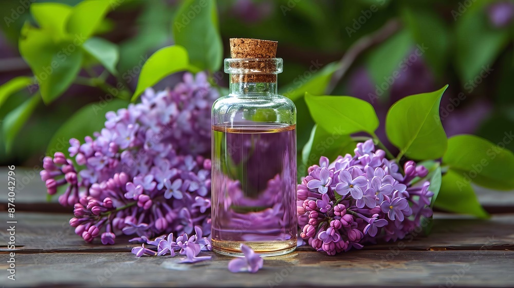 Lilac essential oil in a small bottle. Selective focus. Generative AI, Lilac essential oil in a small bottle. Selective focus. Generative AI,