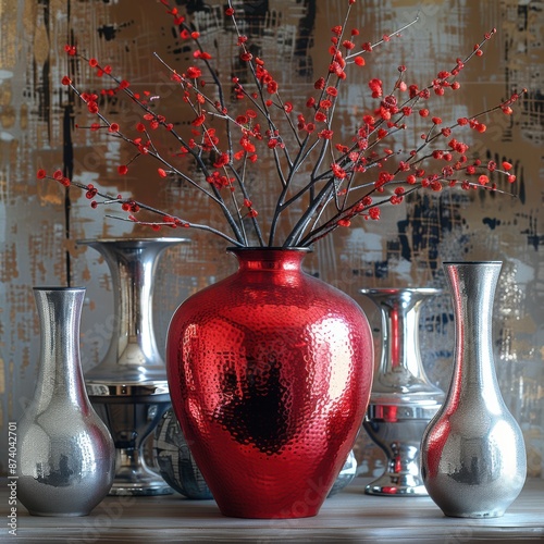 Elegant Contrast: Red Vase Among Silver Vases in a Textured Room photo