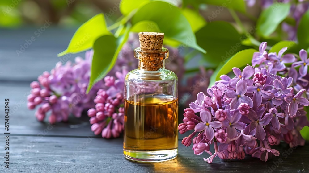 Lilac essential oil in a small bottle. Selective focus. Generative AI,