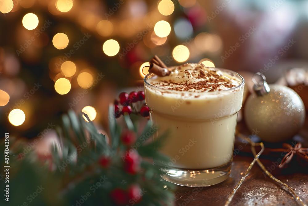 Traditional drink eggnog with cardamom for Christmas eve on festive blurred background with bokeh
