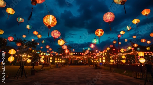 Colorful Lanterns at Mooncake Festival Celebration Captured from Low Angle for Event Marketing